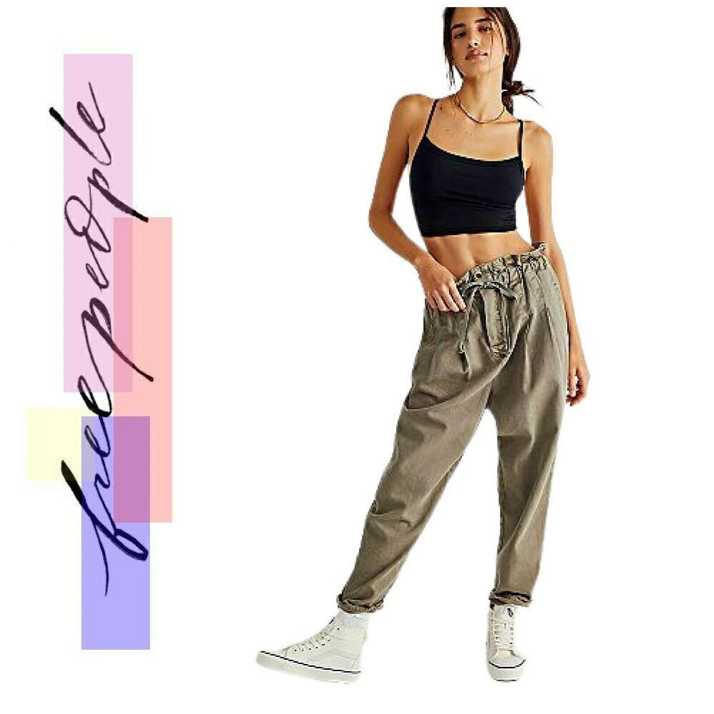 Free People Margate Sz S Olive Army Green Dropped Crotch High Waist Canvas Pants